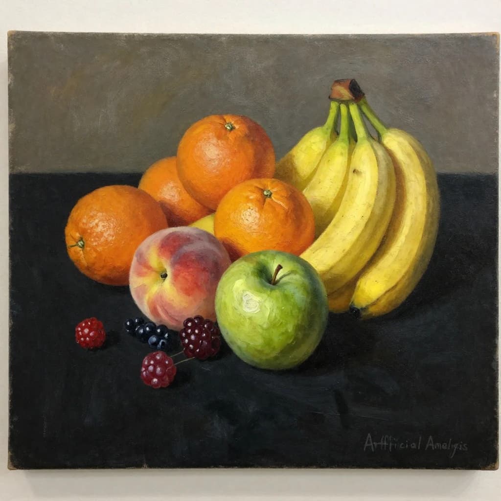 A still life scene painted oil on canvas, comprising various fruits on a black table cloth with striking lighting coming from the right out of frame, creating strong shadows. A bruised green apple is in the foreground, a peach behind it, and behind that a melange of oranges and bananas in various states of ripeness. Berries are strewn in front of the apple. The artist has signed his name "Artificial Analysis" in the bottom right corner in a hurried fashion.
