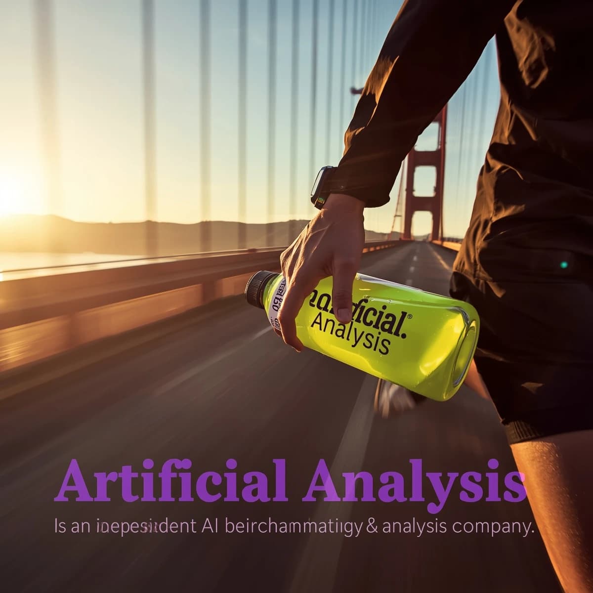 A runner dashes across the Golden Gate Bridge at dawn, sunlight streaming between cables. In their hand, they carry a neon-green sports drink with the brand name Artificial Analysis splashed boldly across the bottle. Motion blur emphasizes speed, while crisp purple sans serif typography overlays the bottom right of the scene with the tagline: Artificial Analysis is an independent AI benchmarking & analysis company