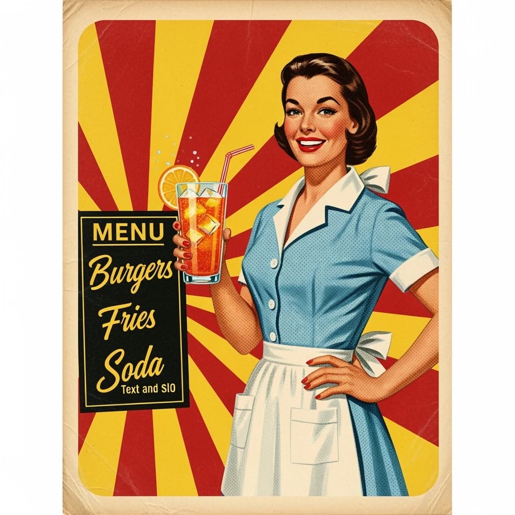 Mid-century soda ad, smiling waitress, halftone sunburst, a bit of faded paper.