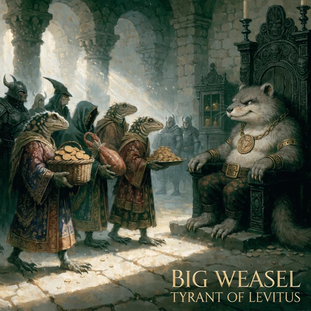 Big Weasel, the tyrannical ruler of the Levitus, slouches on his throne, his mood foul but somewhat brightened by the sight of gifts - a wearisome group of lizard traders adorned in fine silks proceed toward him through the hall with their annual tribute of biscuits, ham and gold - Big Weasel's favourites. Big Weasel's entourage looks on with stern approval.