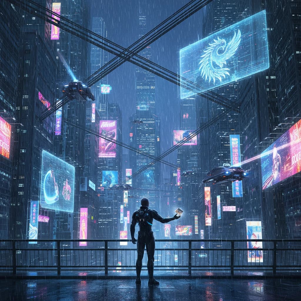 Rain-soaked neon megacity at night, flying taxis weave between glass towers, giant holograms flicker; a lone courier in a matte exosuit, somewhat cinematic wide angle.