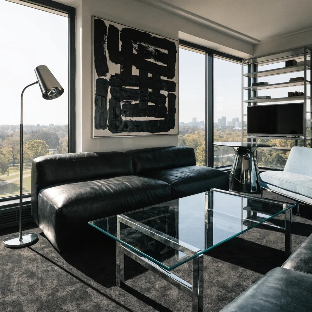 My apartment overlooks Central Park. It’s very luxurious, very expensive, and the furniture is minimal — a black leather couch, a glass coffee table with chrome legs, an Arne Jacobsen floor lamp. A big-screen television set rests on a steel shelving unit. A David Onica painting hangs above the couch. There’s a stainless steel and glass cocktail table. A powder-blue sofa. A thirty-inch digital TV.