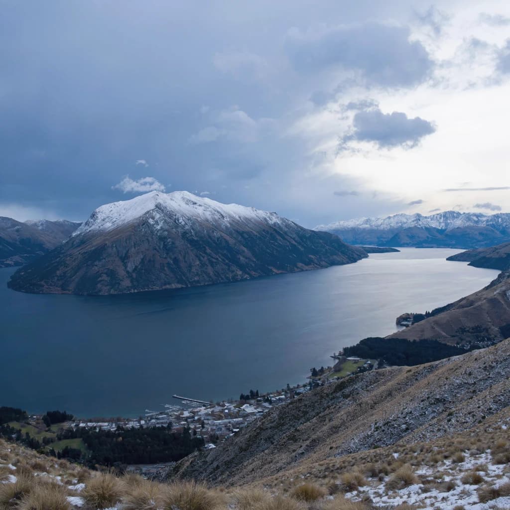 Queenstown's Lake Wakatipu, viewed from the top of Queenstown Hill after a snowstorm just dusted the top of Cecil's Peak