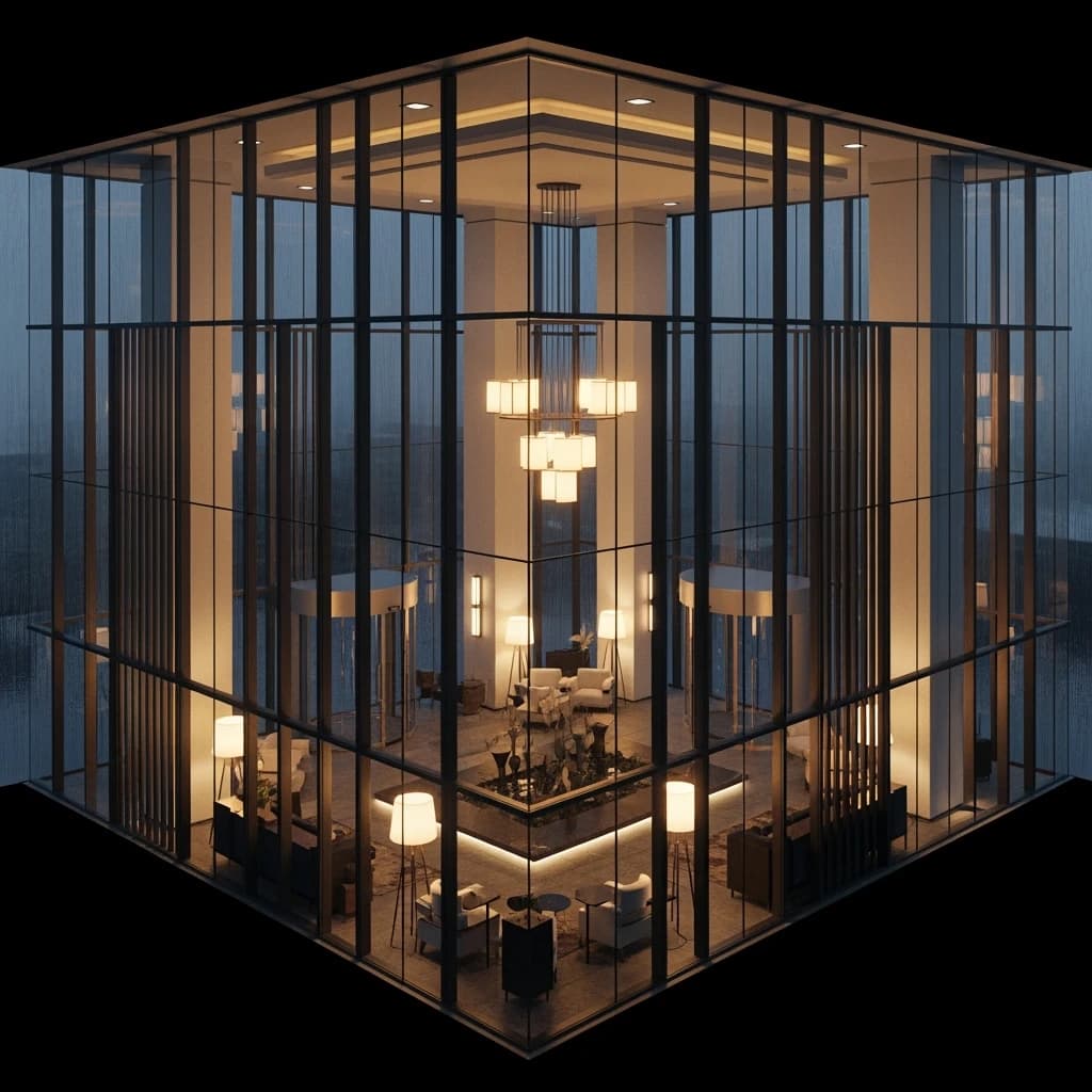 Isometric 3D lobby, glass walls, warm lights, slightly moody, soft shadows.