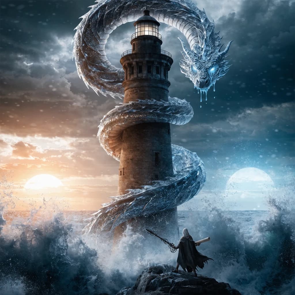 A dragon of molten silver coils around a lighthouse. The storming sea below crashes upward in frozen stillness, as though caught mid-motion. The dragon’s molten eyes drip tears of ice. On the horizon, two suns set next to each other, casting orange light on one side of the tower and blue on the other. A cloaked traveler carries an ancient weapon in his left hand and a scroll in his right.