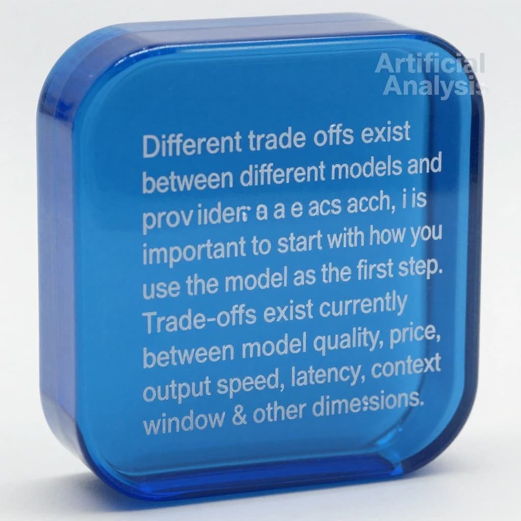 In a clear transparent blue glassy rounded box, etch "Different trade offs exist between different models and providers and as such, it is important to start with how you intend to use the model as the first step. Trade-offs exist currently between model quality, price, output speed, latency, context window & other dimensions. " in sans serif medium weight text. Artificial Analysis is watermarked over the top right 