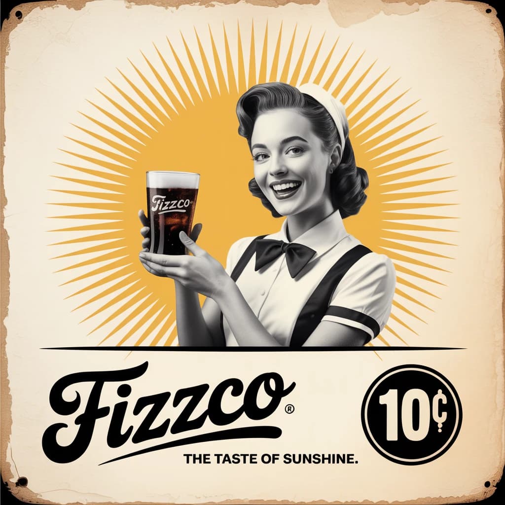 Mid-century soda ad, smiling waitress, halftone sunburst, a bit of faded paper.