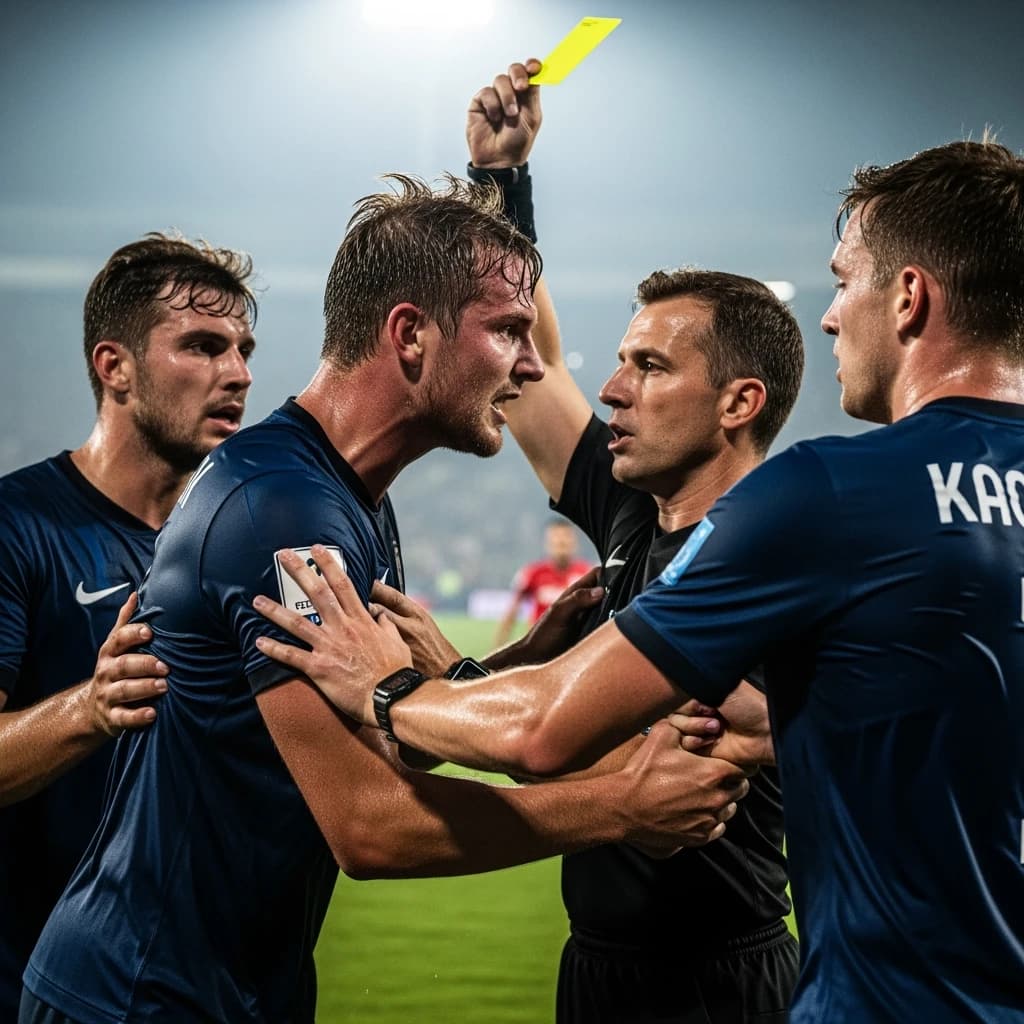 The soccer player clashes with the ref. It is thick and humid and the heat is getting to the players. His friend tries to pull him off before he causes any more trouble.