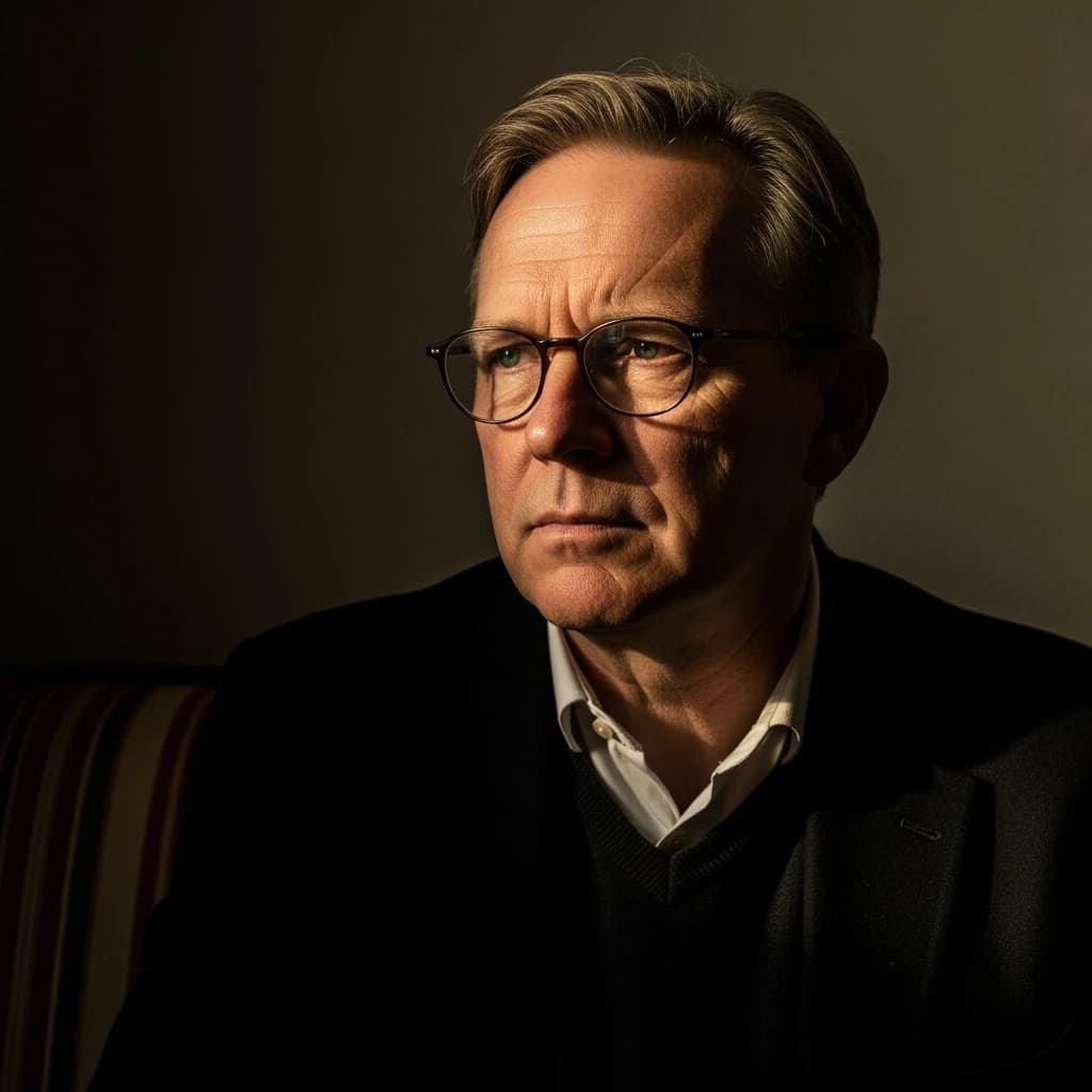 A sharply lit portrait of a middle-aged man wearing thin-rimmed glasses and a dark jacket over a white collared shirt. He gazes intently to the side, his face half illuminated by warm light while the background recedes into deep shadow. The expression is thoughtful, almost wary, as if caught mid-conversation. Behind him, a striped cushion in muted reds and blacks adds subtle texture, contrasting with the crisp highlights on his forehead and glasses. The overall mood is contemplative and cinematic, balancing warmth with tension.