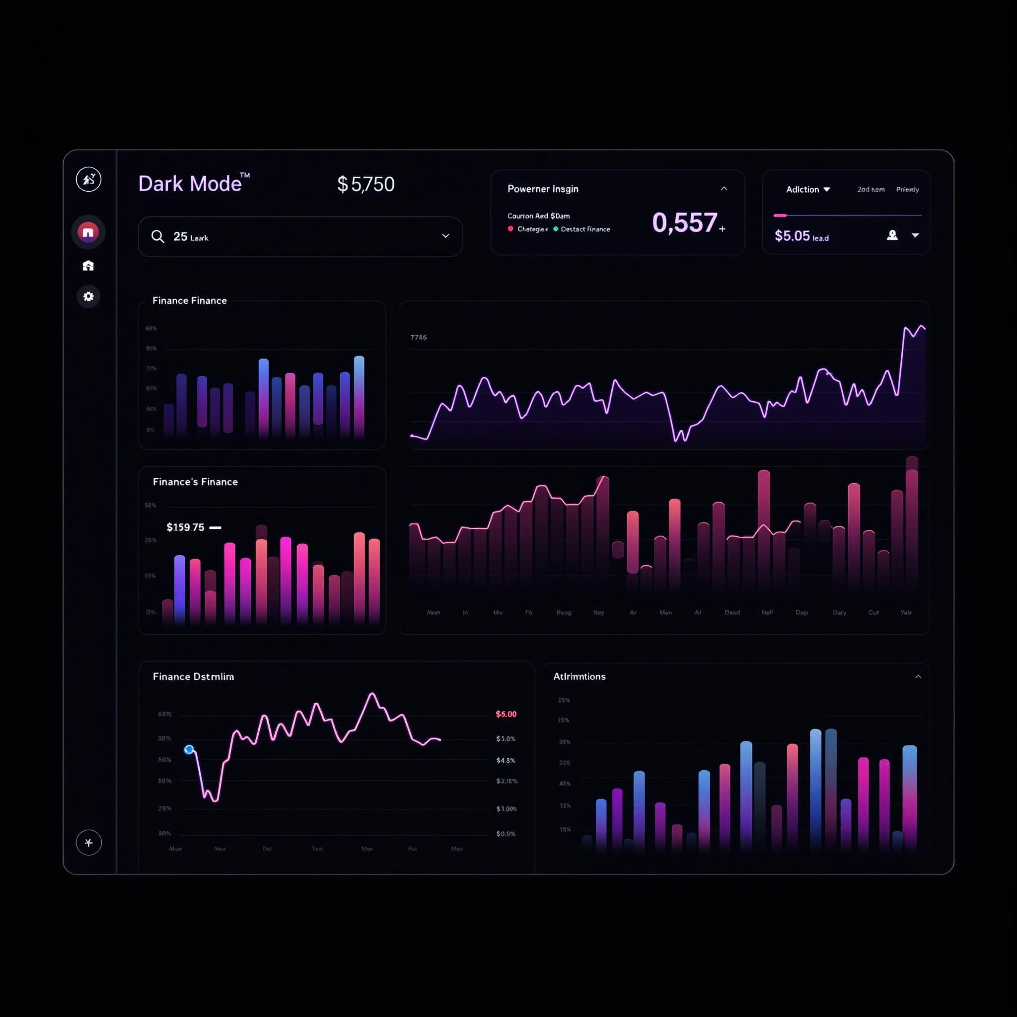 Make a dark mode finance dashboard with charts, glassmorphism, soft neon glow.
