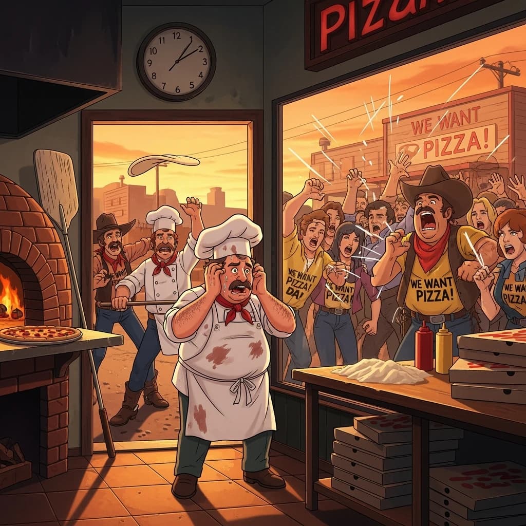 Pasquale is pulling his few remaining hairs out over a disaster at the pizzeria - the cooks are working as fast as they can but the crowds outside are swelling and they demand hot hot pizza! They are banging on the glass and some are wearing "we want pizza" shirts. 1980s western TV animation style.