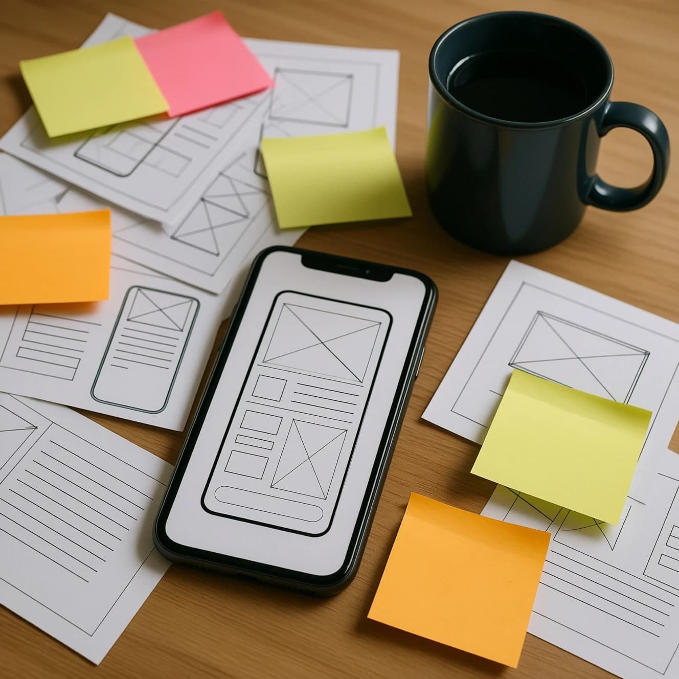 Close-up photo shows a messy desk, wireframes, sticky notes, mobile mockup, mug.