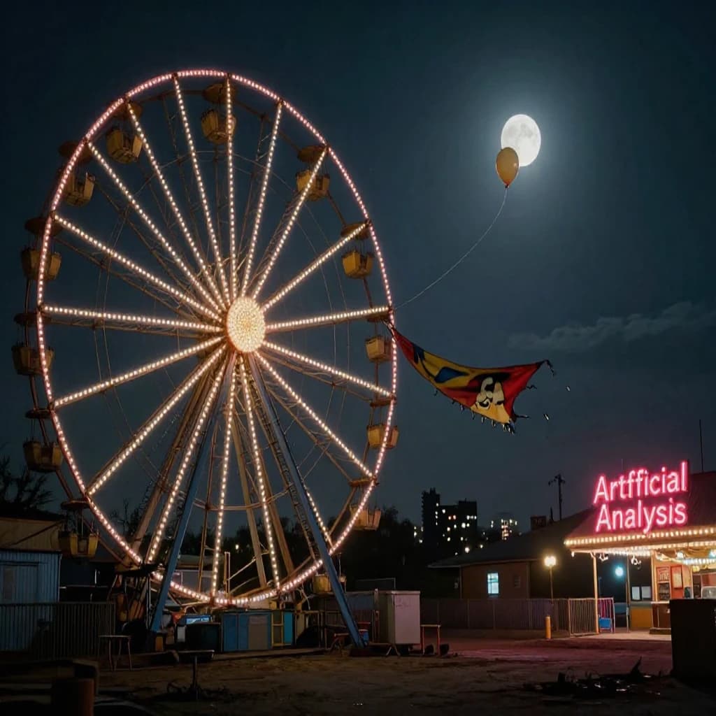 A deserted amusement park glows faintly under a half-moon. The ferris wheel is rusting yet strung with fresh, blinking LED lights. A torn clown banner flaps in a windless air. A lone balloon floats upward, tethered to nothing, while in the far distance city lights flicker on - some neon, some gas lamps as though from another century. 'Artificial Analysis' glows in neon