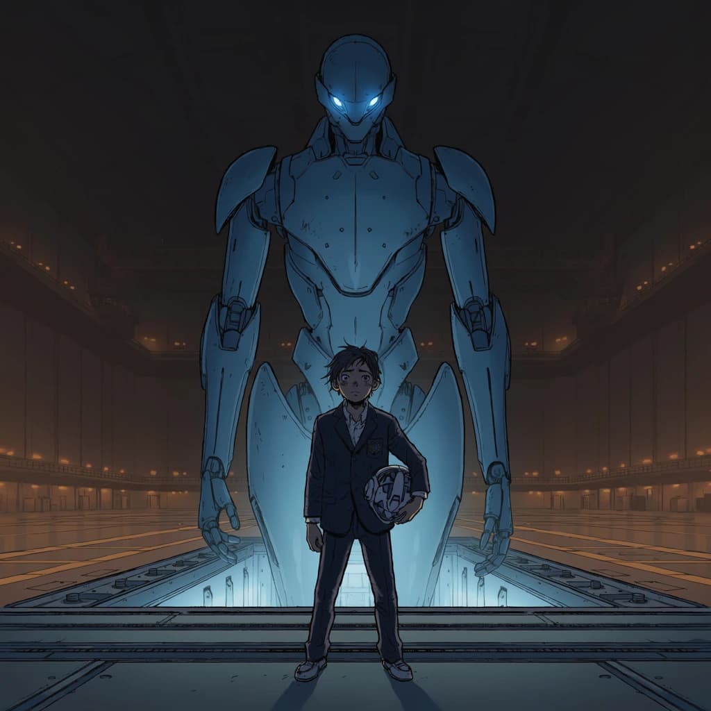 A teenage pilot grips his helmet under one arm, standing at the edge of a glowing hangar bay. Before him looms a sleek, steel-blue mech, its eyes lit with a cold electric glare. His school uniform is rumpled, a sharp contrast to the machine’s flawless plating. The vast scale engulfs him in shadow, emphasizing both awe and dread. Hand-drawn anime style.