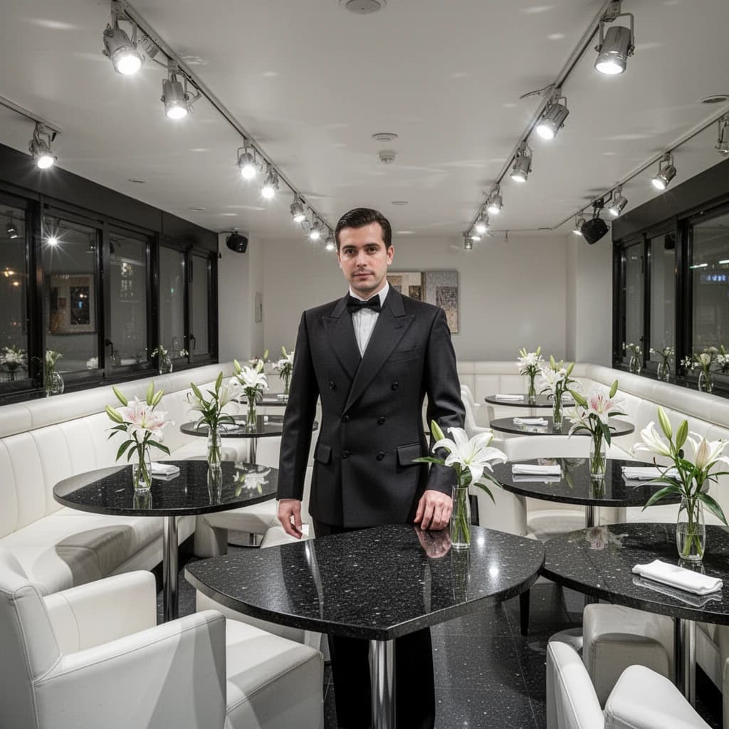 The place is almost empty. The banquettes are covered in white leather, the tables black granite, and the entire room is bathed in halogen track lighting that seems too bright. The maître d’ wears a double-breasted wool crepe jacket. There are lilies on every table.