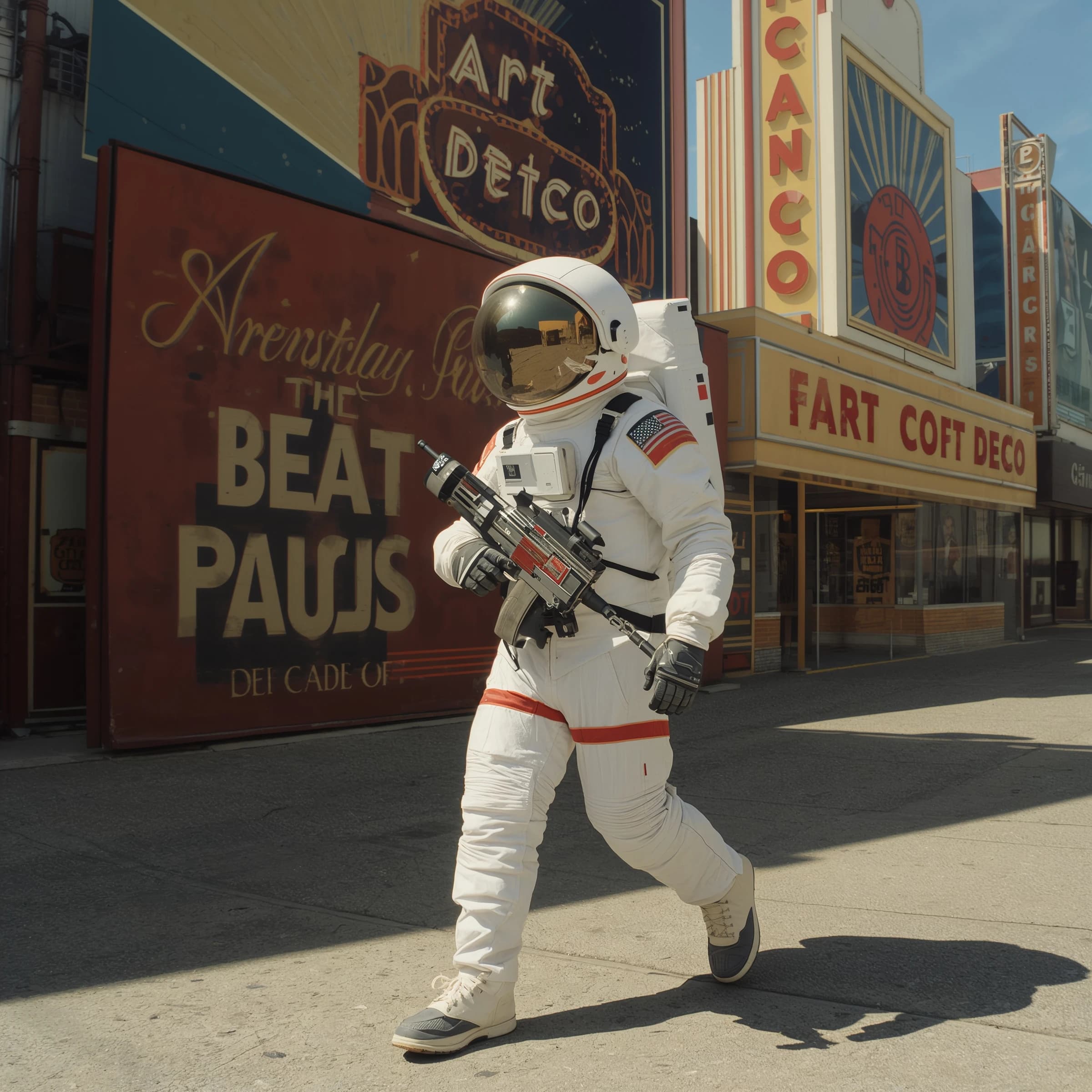 Raygun-toting astronaut in a bubble helmet strolls past art deco billboards.