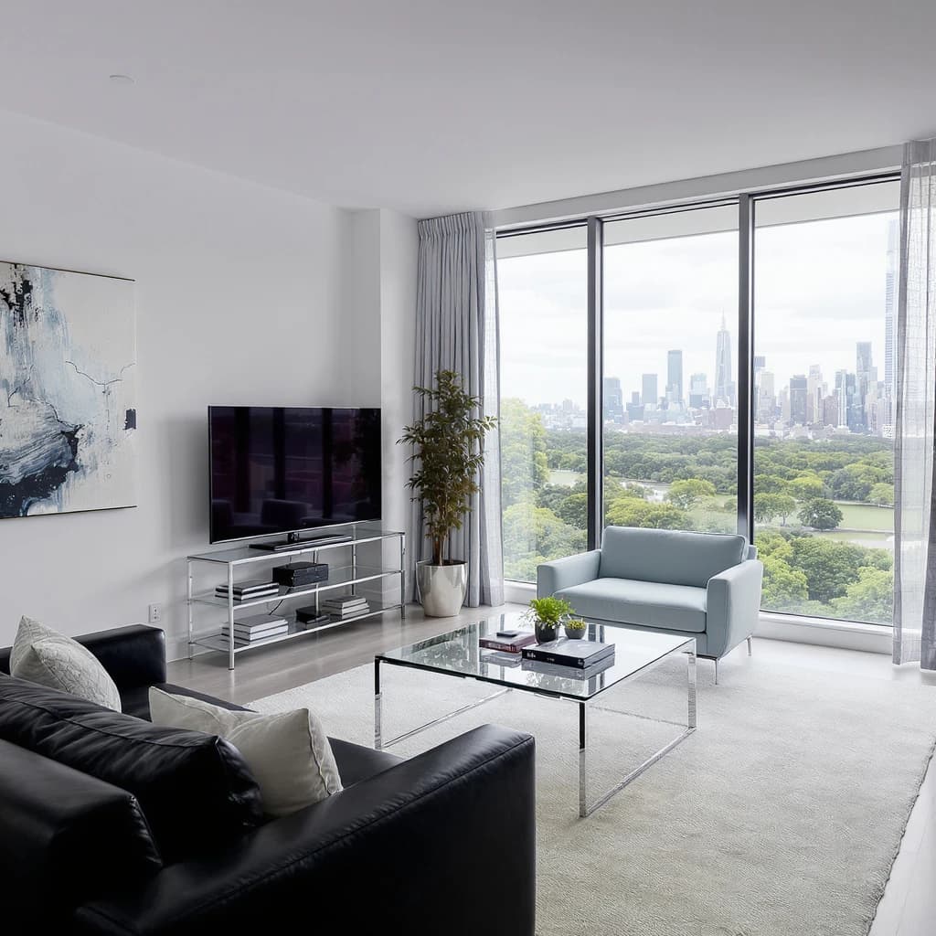 My apartment overlooks Central Park. It’s very luxurious, very expensive, and the furniture is minimal — a black leather couch, a glass coffee table with chrome legs, an Arne Jacobsen floor lamp. A big-screen television set rests on a steel shelving unit. A David Onica painting hangs above the couch. There’s a stainless steel and glass cocktail table. A powder-blue sofa. A thirty-inch digital TV.