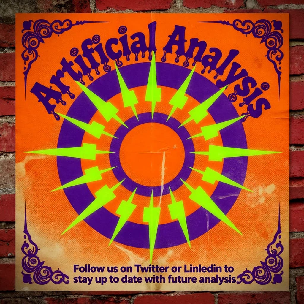 A portrait layout psychedelic concert poster from 1972 bathed in saturated oranges, deep purples, and acid greens. Swirling, hand-drawn typography arcs across the top, spelling out Artificial Analysis in bold, distorted letters that melt into spirals. Surrounded by radiating concentric circles and lightning-bolt motifs. The background is textured with halftone dots and faded paper creases, evoking a well-worn poster taped to a brick wall. Ornate floral borders frame the design, while the bottom features blocky retro lettering listing “Follow us on Twitter or LinkedIn to stay up to date with future analysis” in smaller text. 