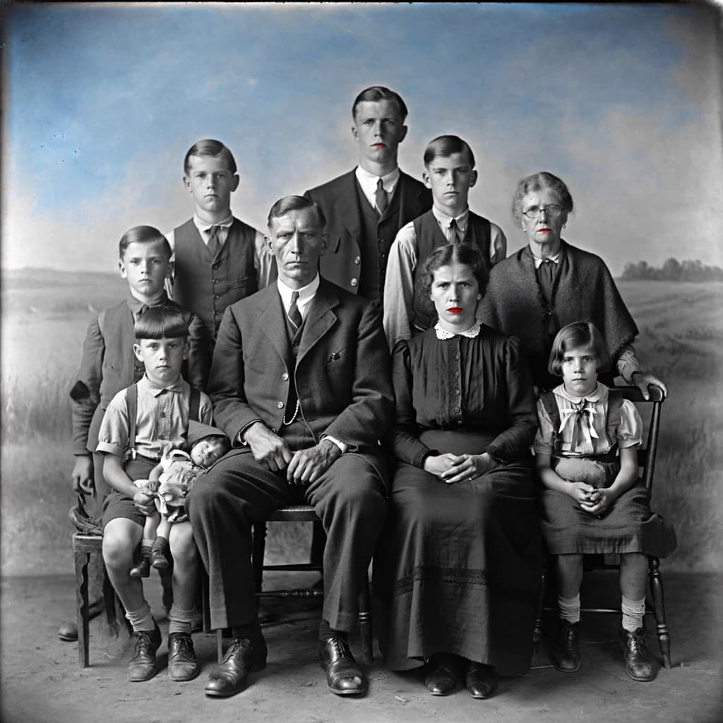 Everybody holds still and nobody smiles for the family portrait. It's 1928 in Kansas