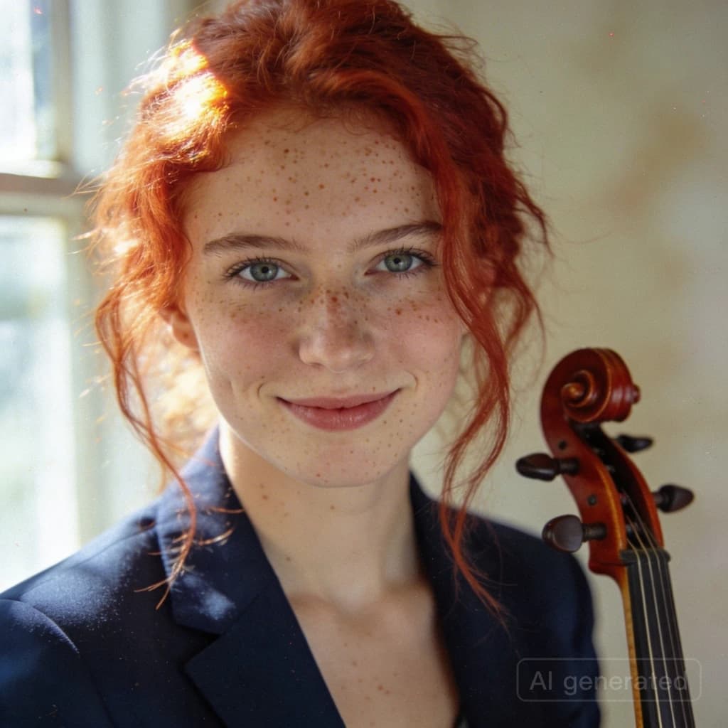 Capture a head-and-shoulders portrait of a freckled red-haired violinist in a navy blazer, soft window light, 85mm at f/1.8, gently smiling yet serious eyes, muted tones.