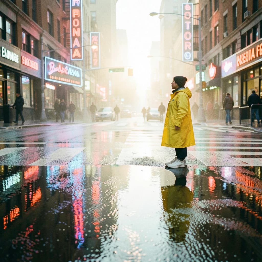 A sunlit city street after rain; puddles mirror neon signs as a woman in a yellow raincoat waits at a crosswalk, soft mist, 50mm look, natural tones, a bit of film grain.
