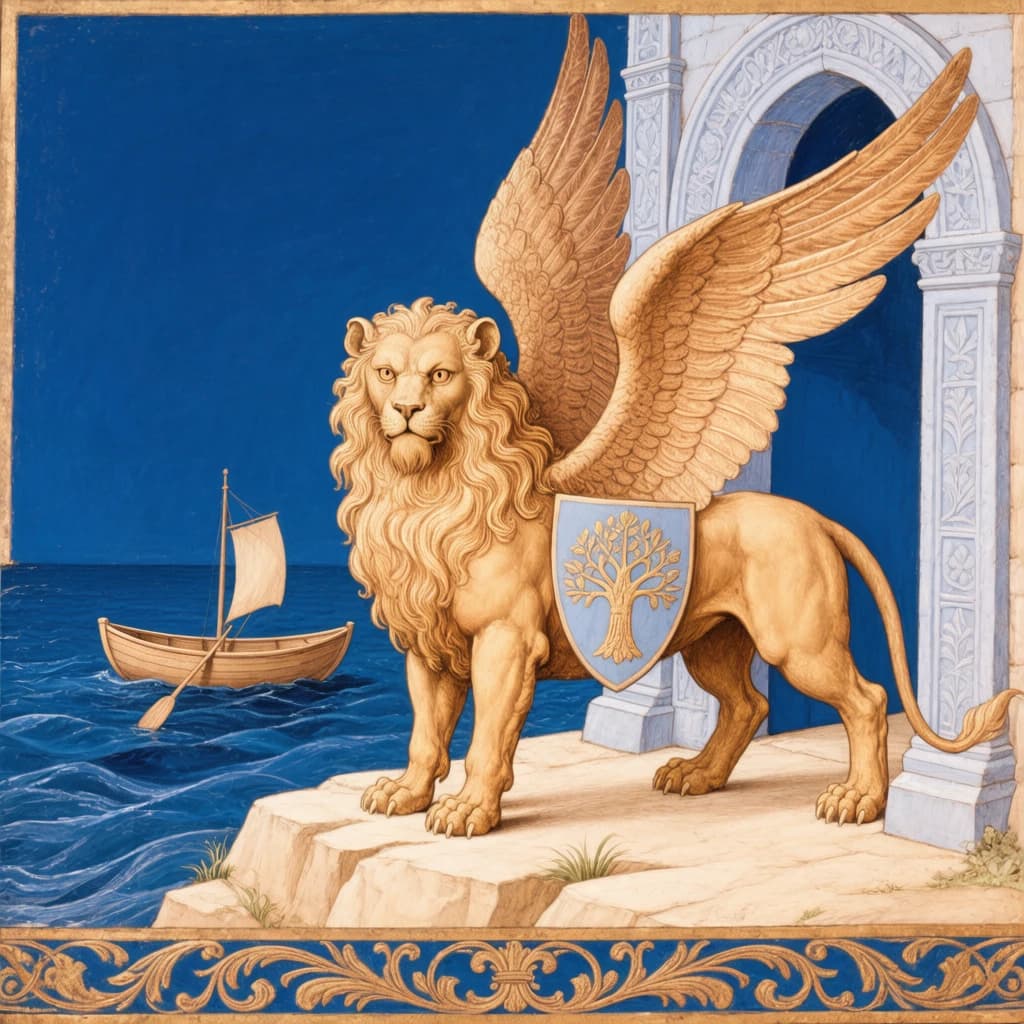 Paint an illuminated manuscript scene of a winged lion guarding a sea gate.