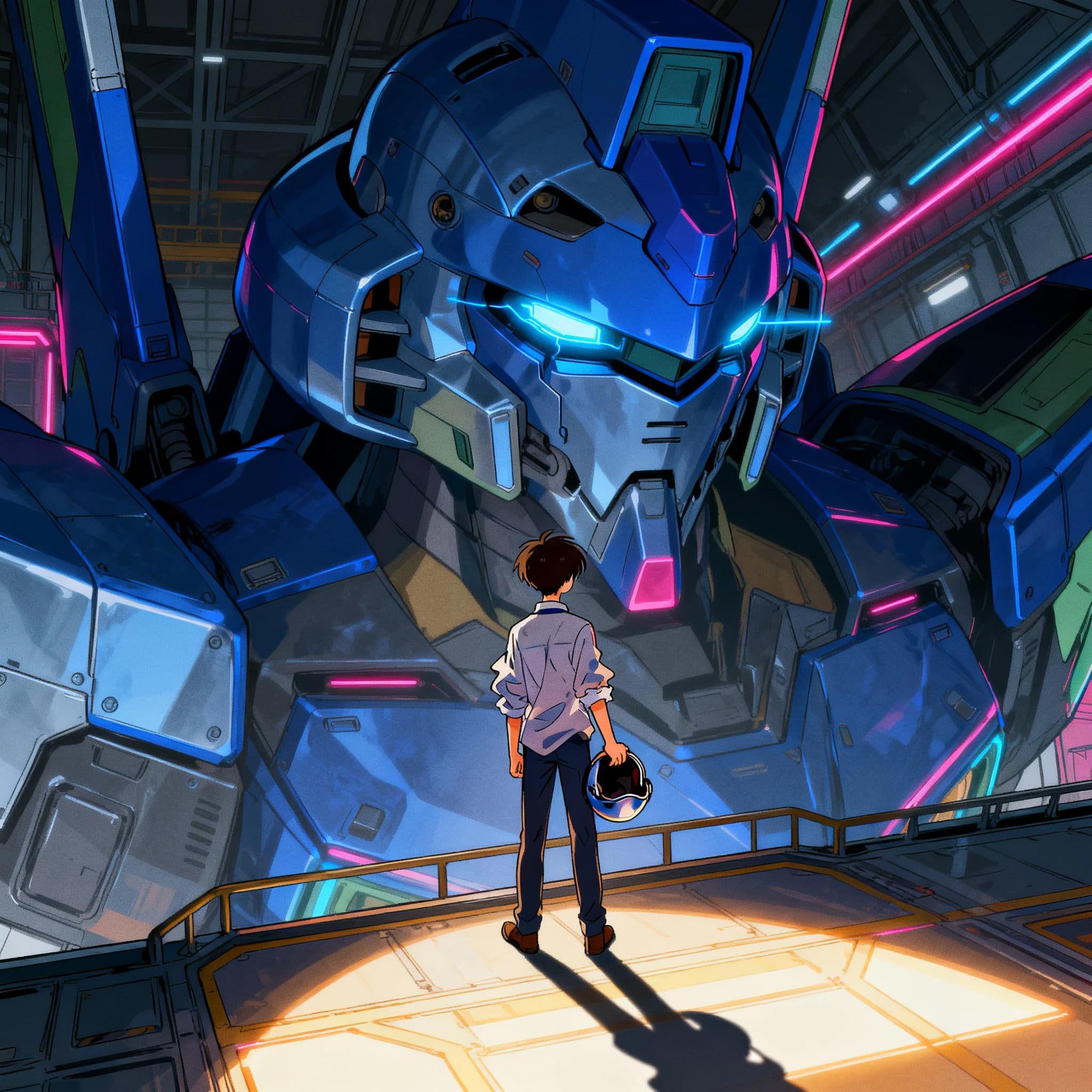 A teenage pilot grips his helmet under one arm, standing at the edge of a glowing hangar bay. Before him looms a sleek, steel-blue mech, its eyes lit with a cold electric glare. His school uniform is rumpled, a sharp contrast to the machine’s flawless plating. The vast scale engulfs him in shadow, emphasizing both awe and dread. Hand-drawn anime style.