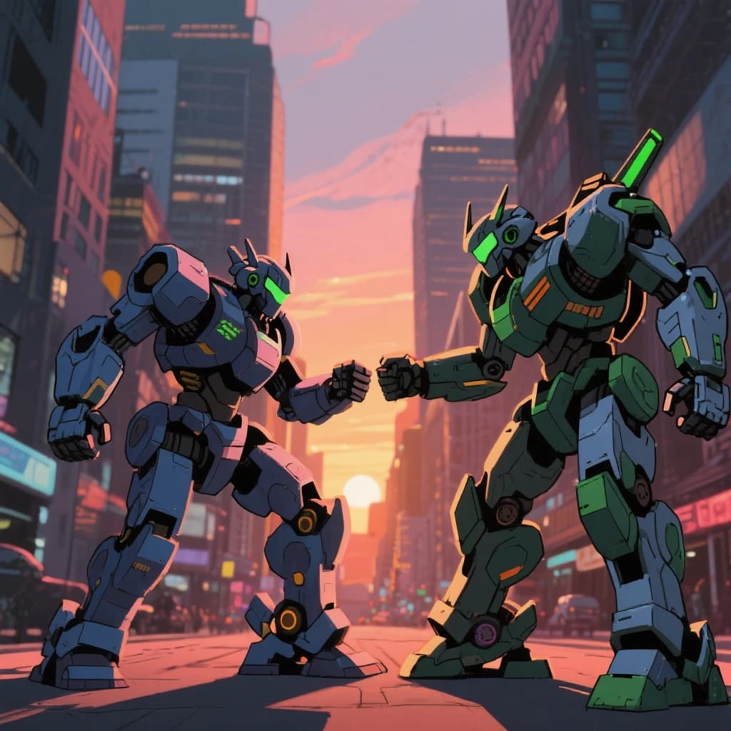 Make a cel-shaded mecha duel at dusk downtown.