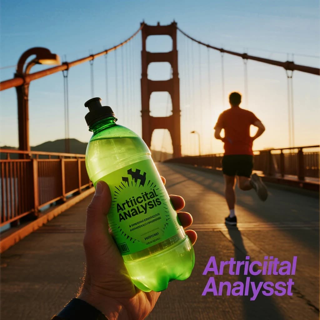 A runner dashes across the Golden Gate Bridge at dawn, sunlight streaming between cables. In their hand, they carry a neon-green sports drink with the brand name Artificial Analysis splashed boldly across the bottle. Motion blur emphasizes speed, while crisp purple sans serif typography overlays the bottom right of the scene with the tagline: Artificial Analysis is an independent AI benchmarking & analysis company
