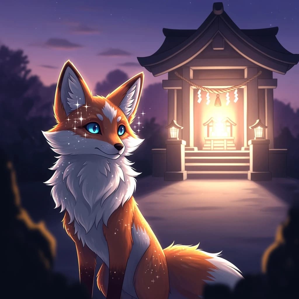 Cel-shaded fox spirit girl, glowing shrine at dusk, soft bloom, sparkly eyes.