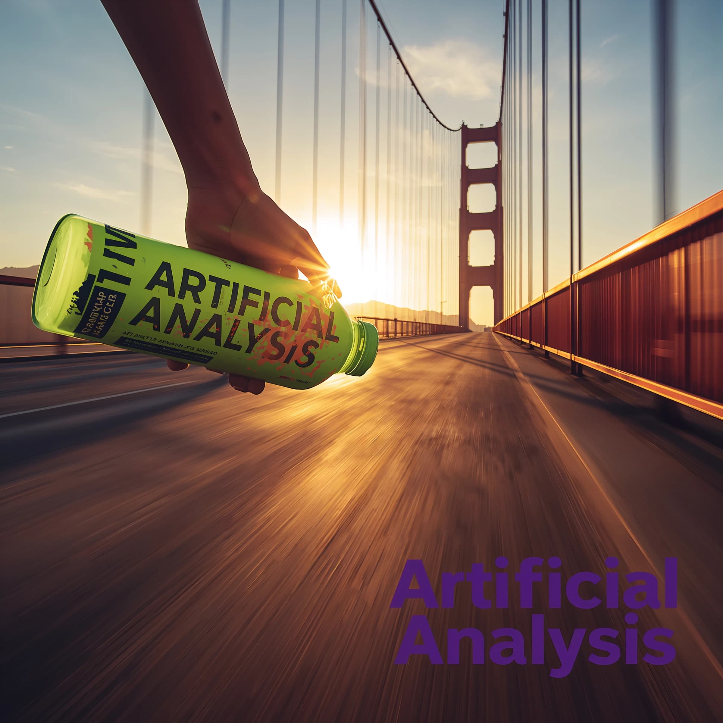 A runner dashes across the Golden Gate Bridge at dawn, sunlight streaming between cables. In their hand, they carry a neon-green sports drink with the brand name Artificial Analysis splashed boldly across the bottle. Motion blur emphasizes speed, while crisp purple sans serif typography overlays the bottom right of the scene with the tagline: Artificial Analysis is an independent AI benchmarking & analysis company