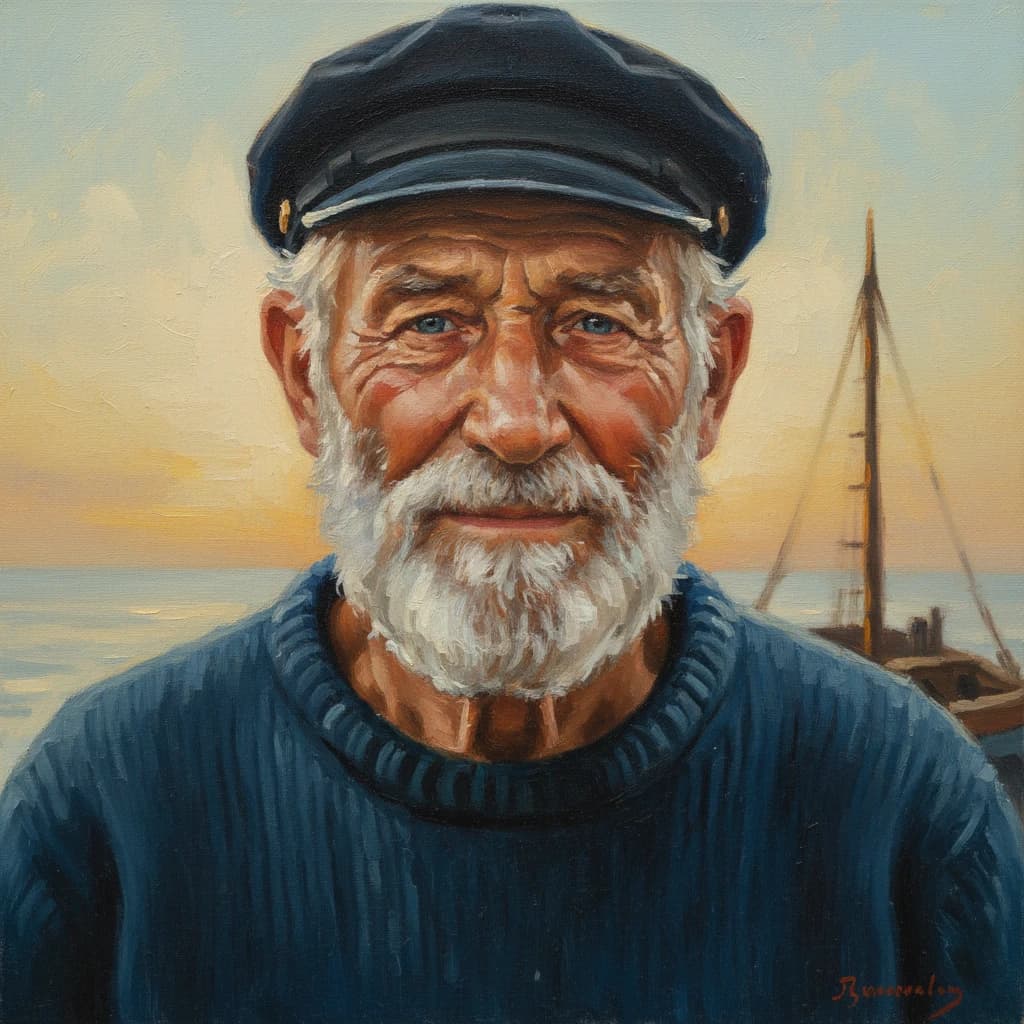 Oil on canvas portrait of an elderly sailor, weathered face, soft light.