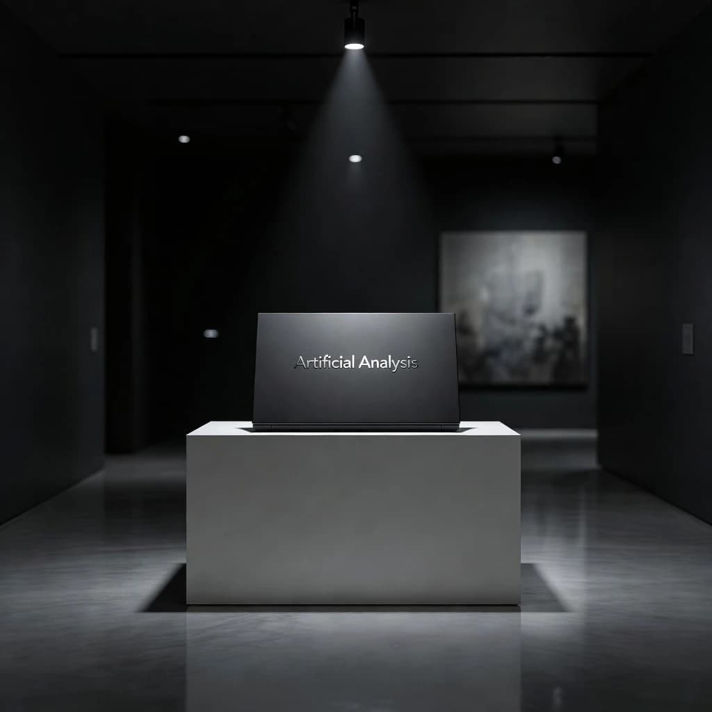 A premium matte black laptop-sized box rests on a pure white pedestal within a gallery space. Overhead, a single spotlight carves sharp contrast, leaving the edges in deep shadow. The brand name Artificial Analysis is embossed in silver foil, glinting faintly as though it were jewelry.