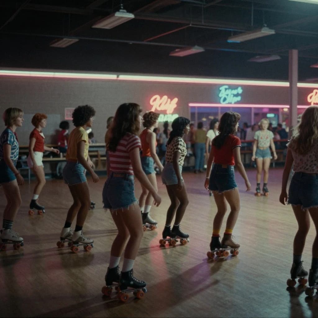A 1970s roller rink crowd skates under neon, with a bit of fade and film grain.