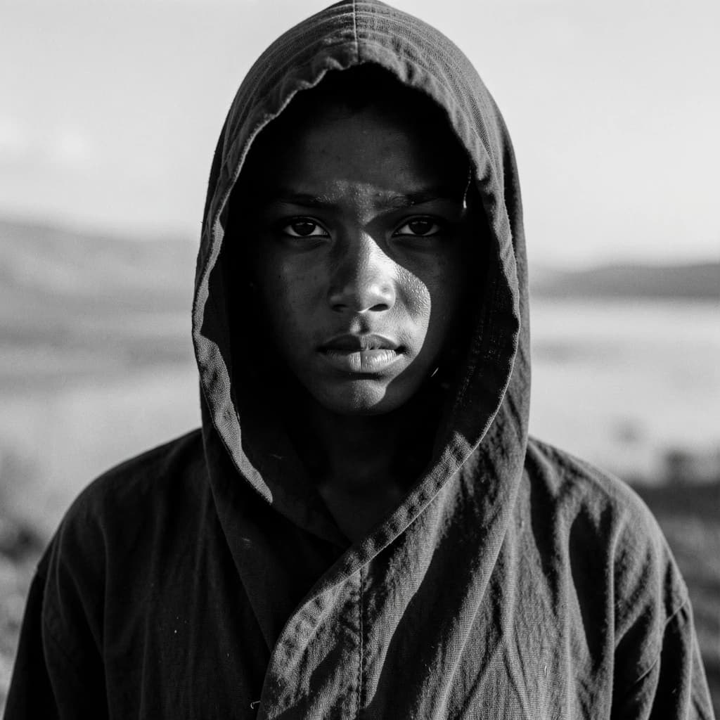 A dramatic black-and-white portrait of a young person draped in a hooded garment, their face framed by the hood's dark folds. Their skin tone and the subtle sheen on their cheeks create striking tonal contrast against the deep shadows. Their eyes are piercing, looking directly into the lens with a calm, steady intensity—neither confrontational nor submissive, but deeply present. The texture of the fabric is visible: it's dense, slightly weathered, and whisper-thin creases catch the light. In the background, an expansive, out-of-focus landscape suggests open space—perhaps distant plains or water—though the details remain soft and abstract. The overall mood is silent yet powerful, poised between vulnerability and resilience, with every highlight and shadow telling part of their story.