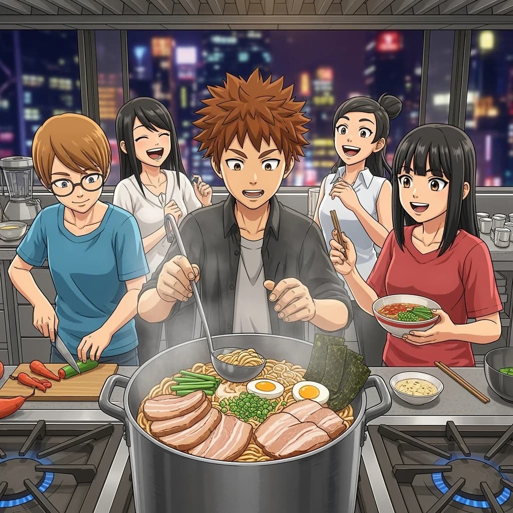 Club friends cooking ramen, steam rising, cel-shaded, city kitchen, big eyes.
