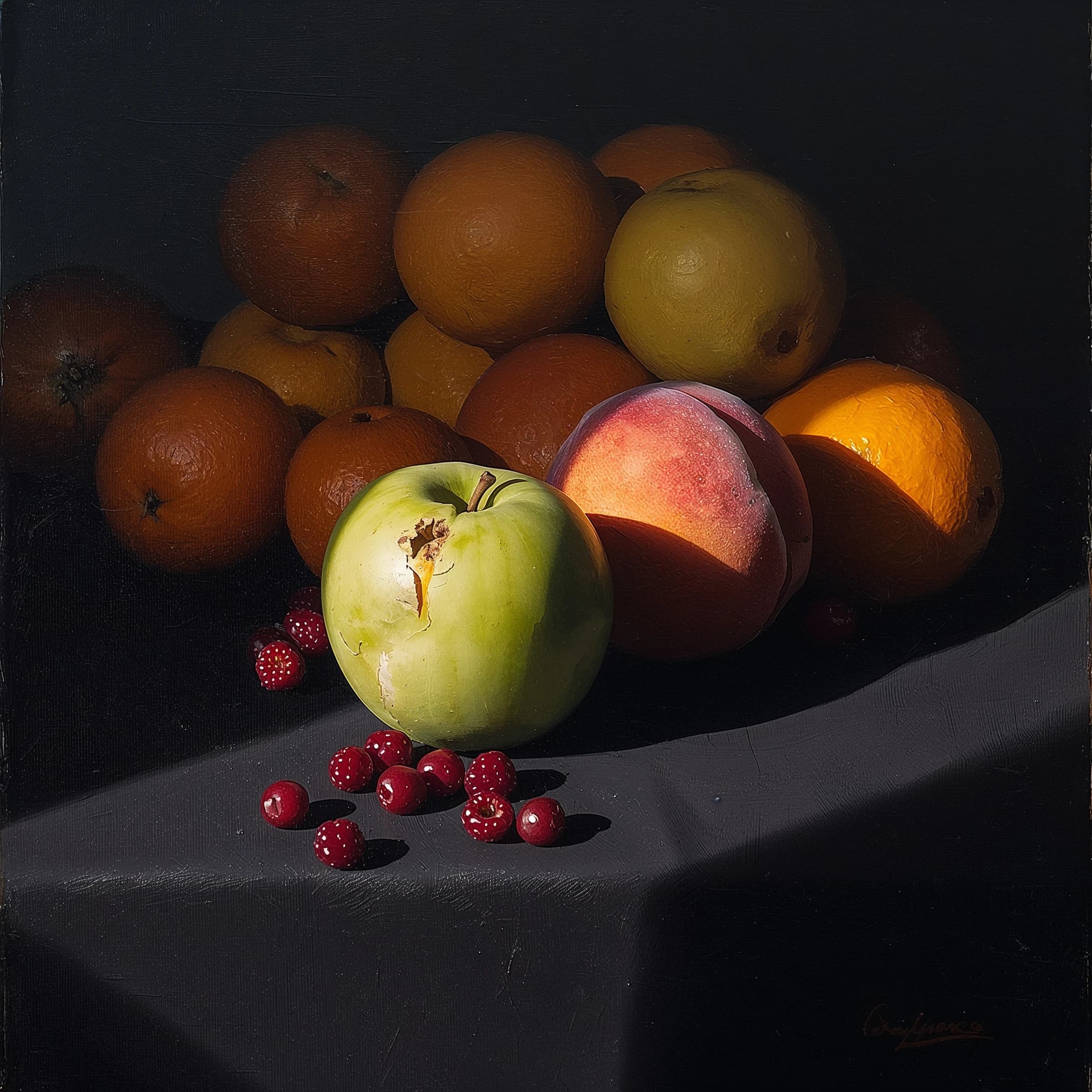 A still life scene painted oil on canvas, comprising various fruits on a black table cloth with striking lighting coming from the right out of frame, creating strong shadows. A bruised green apple is in the foreground, a peach behind it, and behind that a melange of oranges and bananas in various states of ripeness. Berries are strewn in front of the apple. The artist has signed his name "Artificial Analysis" in the bottom right corner in a hurried fashion.