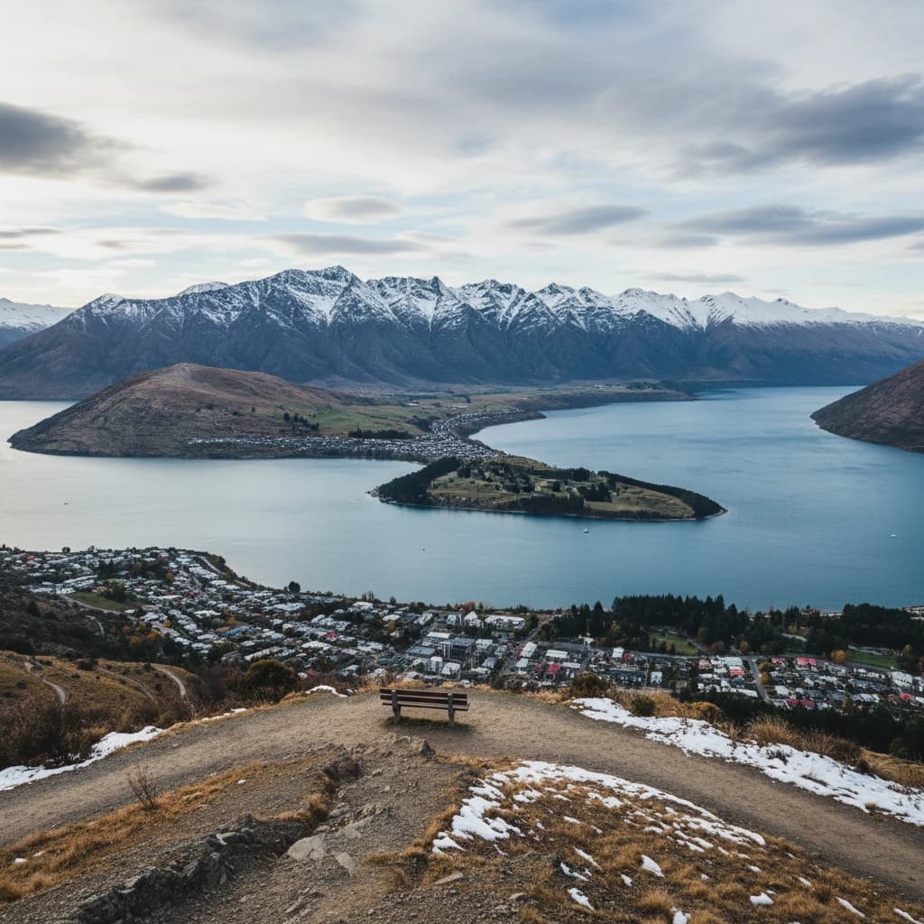 Queenstown's Lake Wakatipu, viewed from the top of Queenstown Hill after a snowstorm just dusted the top of Cecil's Peak