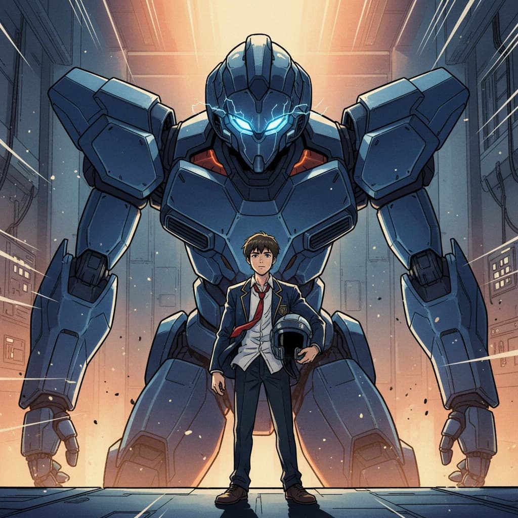 A teenage pilot grips his helmet under one arm, standing at the edge of a glowing hangar bay. Before him looms a sleek, steel-blue mech, its eyes lit with a cold electric glare. His school uniform is rumpled, a sharp contrast to the machine’s flawless plating. The vast scale engulfs him in shadow, emphasizing both awe and dread. Hand-drawn anime style.