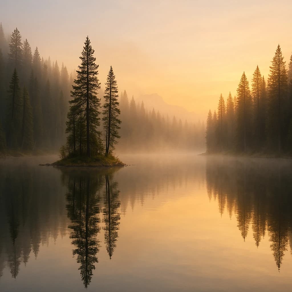 I want a photo of a misty alpine lake at dawn, pines, glassy water, warm light.