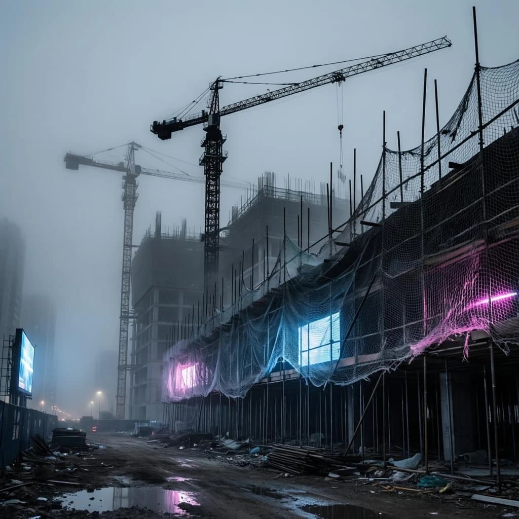 A construction site stretched upward into fog, cranes frozen in silhouette. Wind rattled scaffolding draped with torn mesh that glowed faintly from nearby billboards