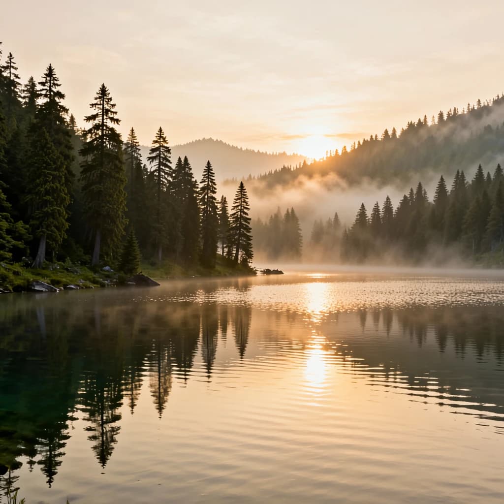 I want a photo of a misty alpine lake at dawn, pines, glassy water, warm light.