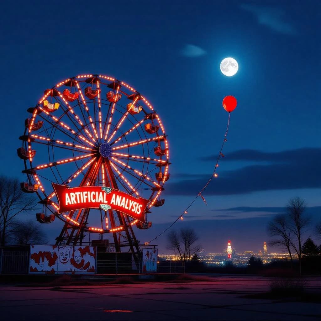 A deserted amusement park glows faintly under a half-moon. The ferris wheel is rusting yet strung with fresh, blinking LED lights. A torn clown banner flaps in a windless air. A lone balloon floats upward, tethered to nothing, while in the far distance city lights flicker on - some neon, some gas lamps as though from another century. 'Artificial Analysis' glows in neon