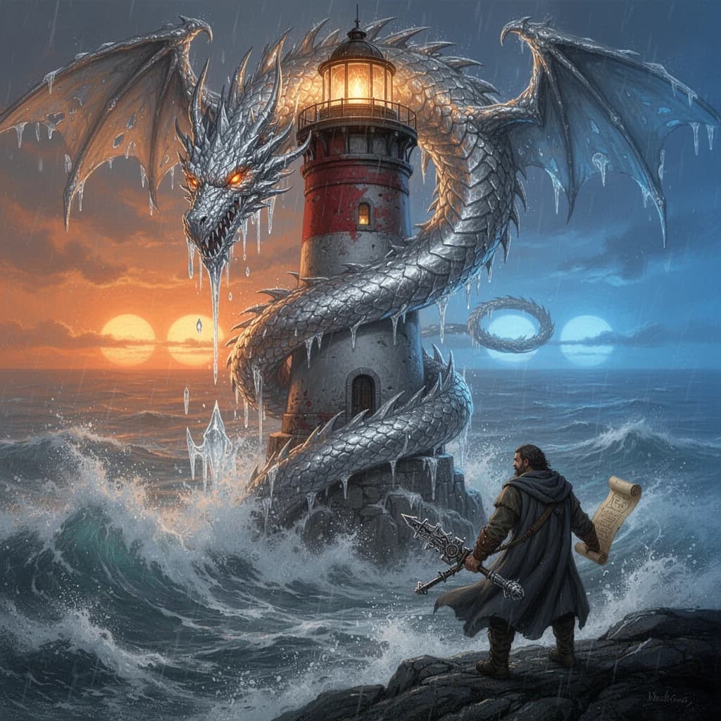 A dragon of molten silver coils around a lighthouse. The storming sea below crashes upward in frozen stillness, as though caught mid-motion. The dragon’s molten eyes drip tears of ice. On the horizon, two suns set next to each other, casting orange light on one side of the tower and blue on the other. A cloaked traveler carries an ancient weapon in his left hand and a scroll in his right.