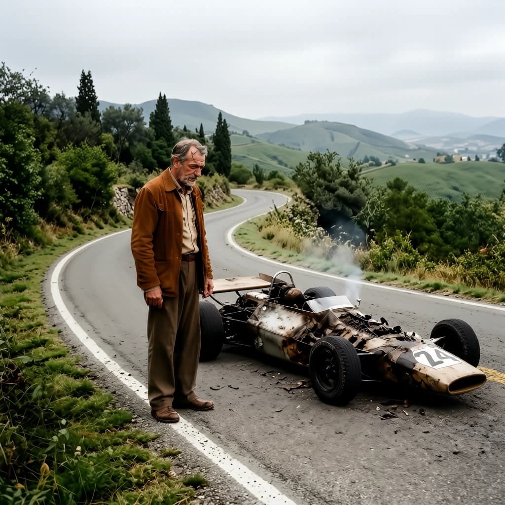 Mario examines the still smouldering wreck of the crash that took his best driver on the side of the country road. He designed this car and caused this. 3 days have passed since the crash. It's 1973 in Northern Italy.