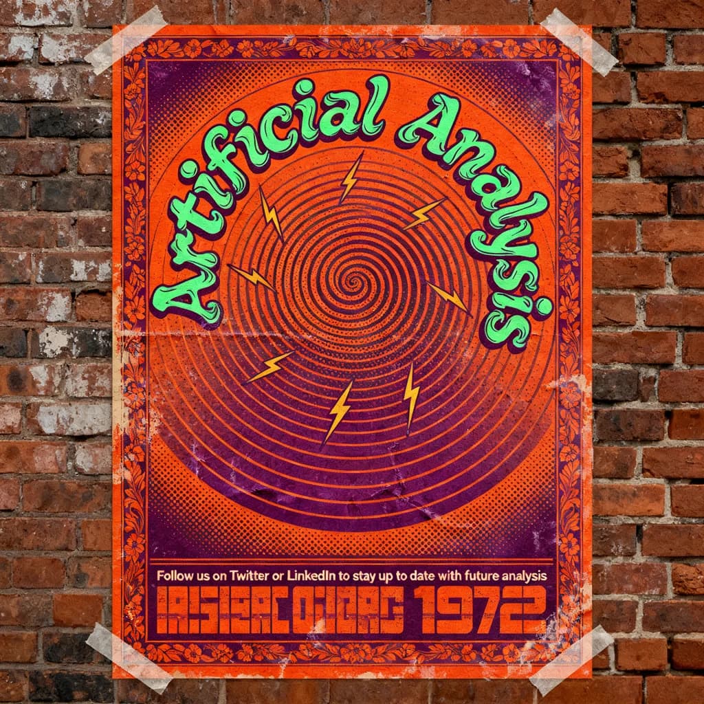 A portrait layout psychedelic concert poster from 1972 bathed in saturated oranges, deep purples, and acid greens. Swirling, hand-drawn typography arcs across the top, spelling out Artificial Analysis in bold, distorted letters that melt into spirals. Surrounded by radiating concentric circles and lightning-bolt motifs. The background is textured with halftone dots and faded paper creases, evoking a well-worn poster taped to a brick wall. Ornate floral borders frame the design, while the bottom features blocky retro lettering listing “Follow us on Twitter or LinkedIn to stay up to date with future analysis” in smaller text. 