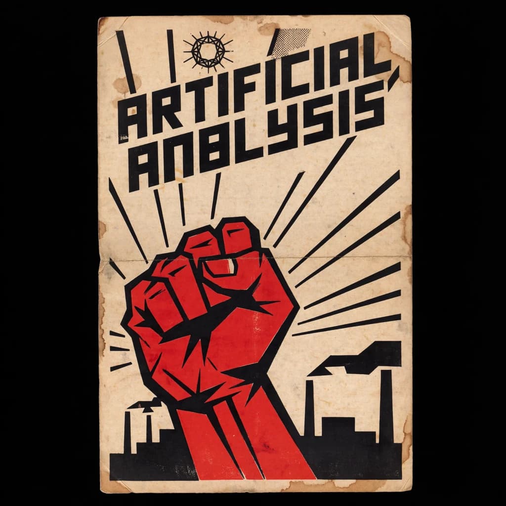 A propaganda poster in stark red, black, and beige. A clenched fist rises in the foreground, rendered with sharp geometric blocks. Behind it, radiating lines stretch upward toward a stylized sun. At the top, bold sans-serif lettering in Cyrillic-inspired type spells out Artificial Analysis, tilted at an angle for emphasis. A factory skyline silhouettes the bottom edge, smoke stacks rising into the background. The texture is rough, printed on aged paper with visible creases and ink bleed. Designed in the constructivist Soviet poster style.