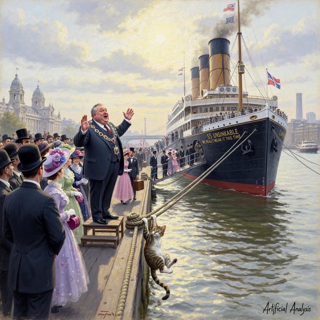 An impressionistic painting of the mighty steamer the "SS Unsinkable We Really Mean It This Time" on a cloudy but bright London morning about to set out on her maiden voyage. A jubilant crowd is gathered on the dock around the paunchy mayor who is making a speech, gesticulating wildly with his hands. The gangways are busy with well heeled ladies and gentlemen making their way onto the ship. A cheeky cat hangs over the water, clinging to the mooring rope after an ill-fated attempt to climb up. The artist has signed his name "Artificial Analysis" in the bottom corner
