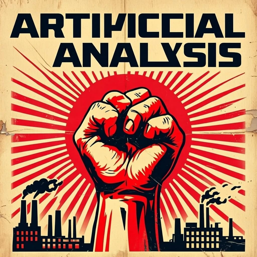 A propaganda poster in stark red, black, and beige. A clenched fist rises in the foreground, rendered with sharp geometric blocks. Behind it, radiating lines stretch upward toward a stylized sun. At the top, bold sans-serif lettering in Cyrillic-inspired type spells out Artificial Analysis, tilted at an angle for emphasis. A factory skyline silhouettes the bottom edge, smoke stacks rising into the background. The texture is rough, printed on aged paper with visible creases and ink bleed. Designed in the constructivist Soviet poster style.