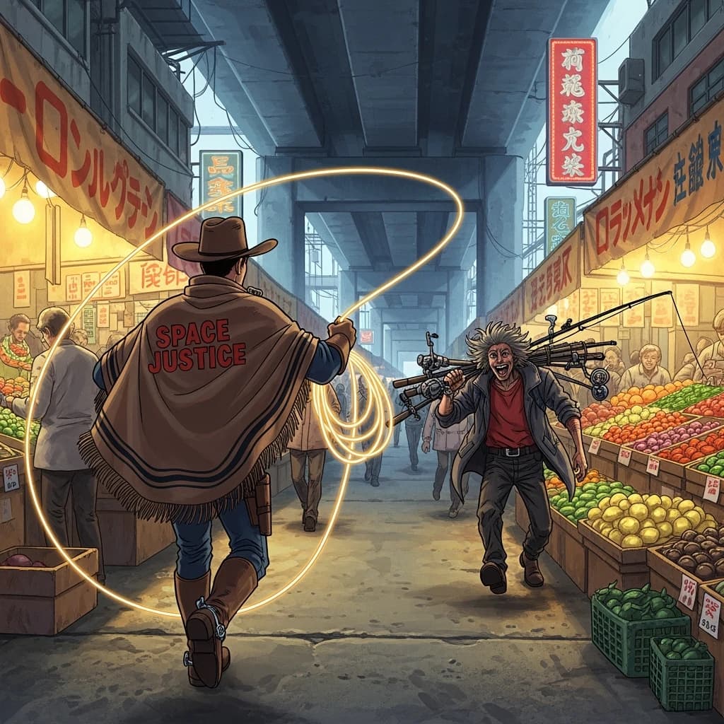 The space cowboy chases the deranged fisherman underneath the causeway, eager to collect on his bounty. Fishing rods and lines hang off the back off the fishermen as he darts between the bustling market crowd. We see the back of the space cowboy in his space poncho emblazoned with the words SPACE JUSTICE, spinning his lasso over his head. A child on the sidelines excitedly cheers the cowboy. 1990s hand drawn anime style with strong fluidity